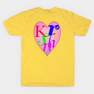 A love heart shape with the letters that spell out the name 'Krishna' T-Shirt